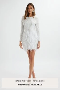 SELENE Embellished Feather Mini Dress In White