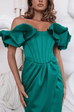 SIMONE Puff Sleeve Bardot Satin Midi Dress In Emerald Green -Lavish Alice SIMONE 2