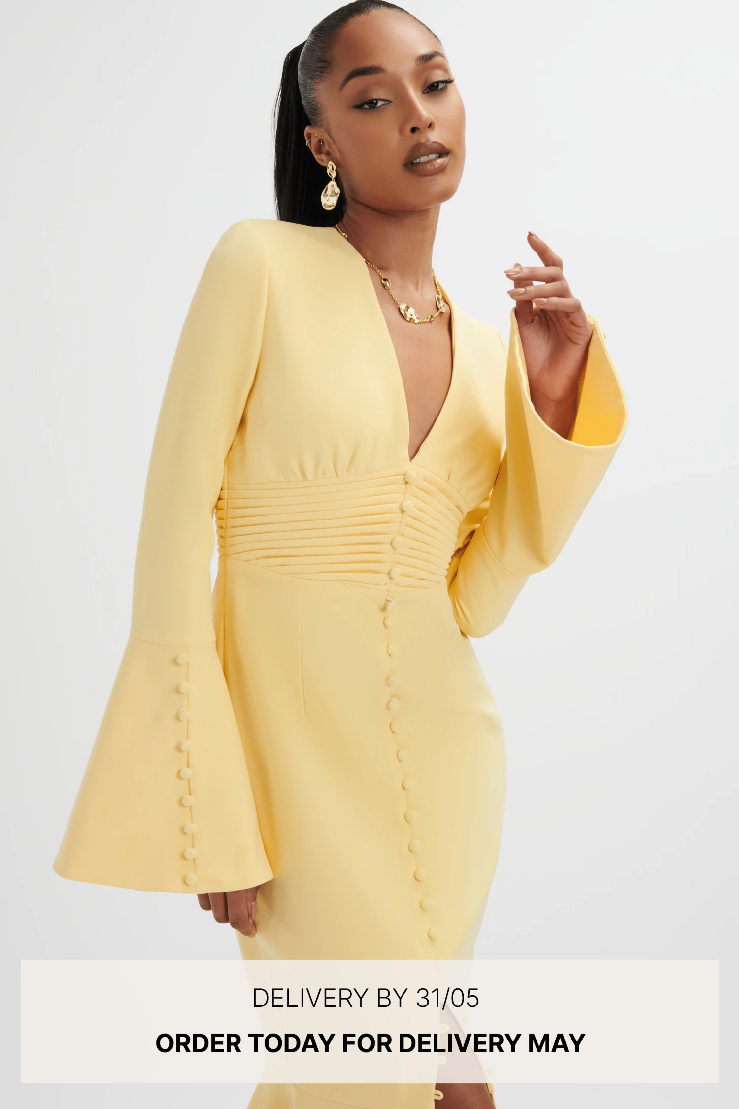 **PRE-ORDER** SALMA Fluted Sleeve Longline Fishtail Midi Dress In Yellow 3 **PRE-ORDER** SALMA Fluted Sleeve Longline Fishtail Midi Dress In Yellow