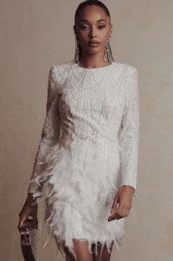 SELENE Embellished Feather Mini Dress In White -Lavish Alice WhiteDress