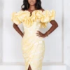 KATIE Rose Brocade Off Shoulder Midi Dress In Yellow -Lavish Alice b3