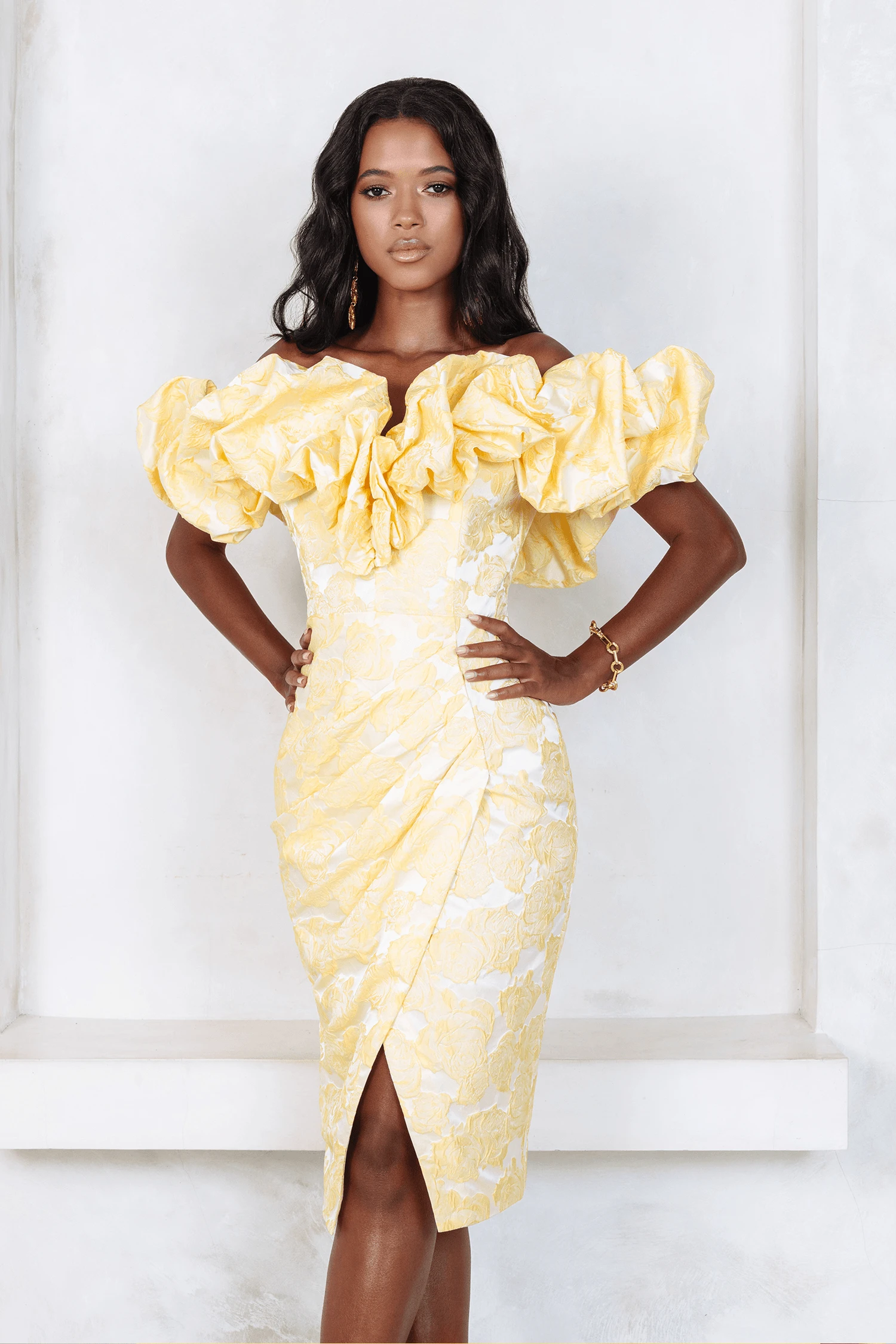 KATIE Rose Brocade Off Shoulder Midi Dress In Yellow 3 KATIE Rose Brocade Off Shoulder Midi Dress In Yellow