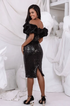 HERA Satin Puff Bardot Sequin Midi Dress In Black -Lavish Alice c c2b5ea09 36b2 4f09 9bf5 a09b0b8a3b75
