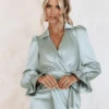 ELISE Satin Wrap Shirt Dress In Sage