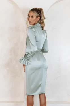 ELISE Satin Wrap Shirt Dress In Sage -Lavish Alice elise3