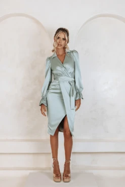 ELISE Satin Wrap Shirt Dress In Sage -Lavish Alice elise4