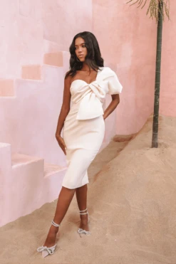 ELSIE Twist Front One Shoulder Midi Dress In Sand -Lavish Alice elisec