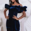 SAMAYA Metallic Velvet Puff Bardot Mini Dress In Indigo Blue -Lavish Alice florence 4