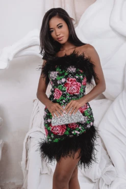 FRANCESCA Feather Bandeau Mini Dress In Bespoke Rose Sequin