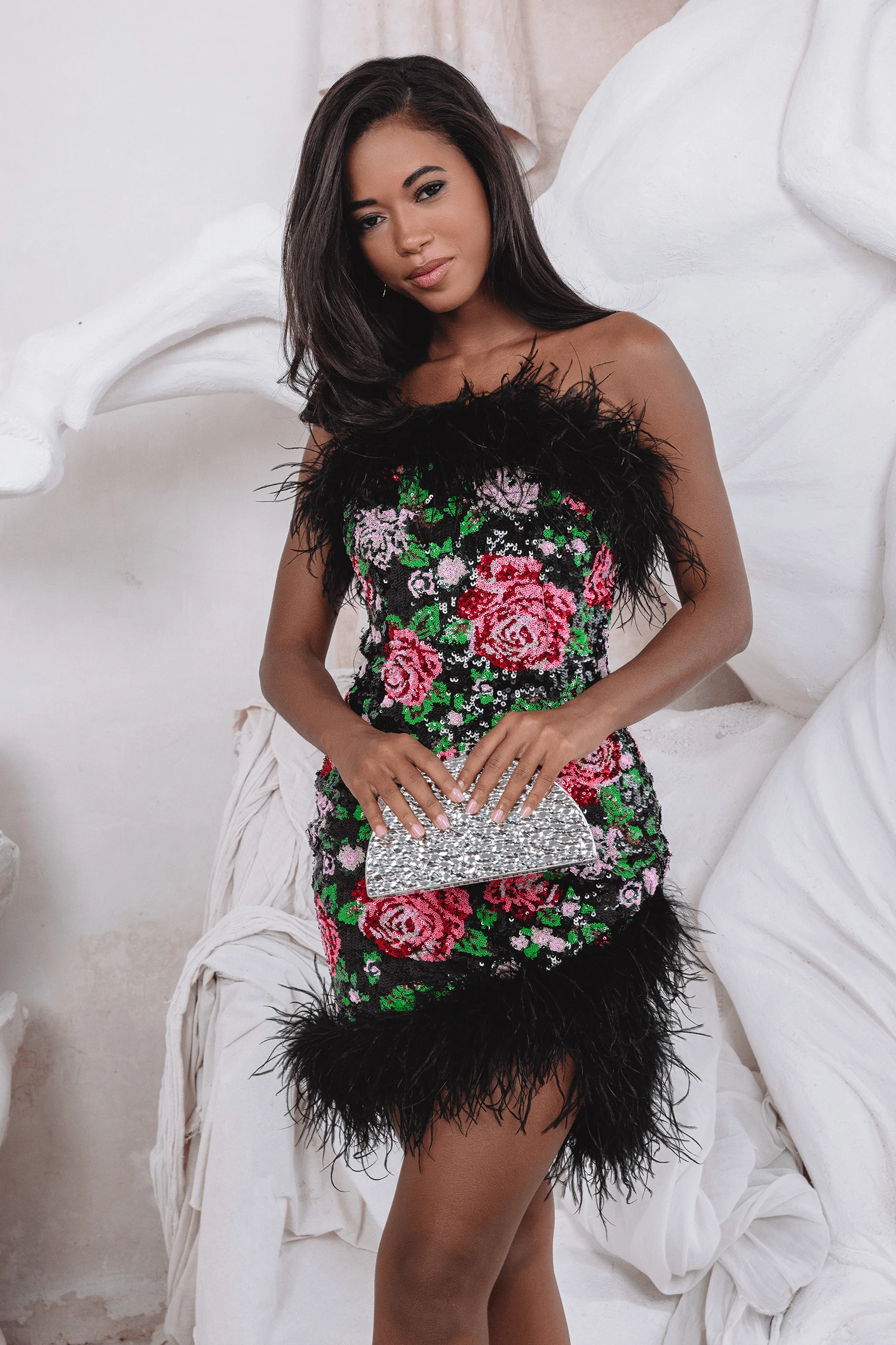 FRANCESCA Feather Bandeau Mini Dress In Bespoke Rose Sequin 3 FRANCESCA Feather Bandeau Mini Dress In Bespoke Rose Sequin