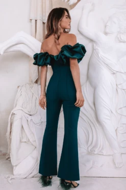 MARIAH Satin Mix Puff Bardot Jumpsuit In Emerald Green -Lavish Alice mariahback