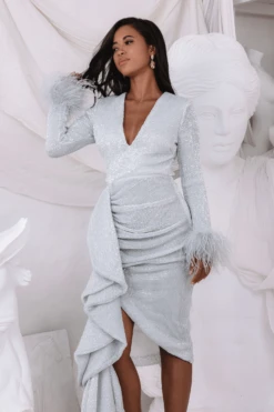 ATHENA Draped Skirt Pleated Sequin Midi Dress In Silver