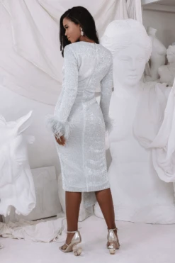 ATHENA Draped Skirt Pleated Sequin Midi Dress In Silver -Lavish Alice silv3