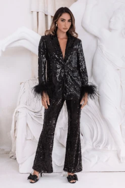TAMSIN Oversized Sequin Blazer With Feather Cuffs In Black 8 TAMSIN Oversized Sequin Blazer With Feather Cuffs In Black -Lavish Alice tamsin 1