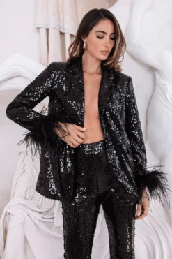 TAMSIN Oversized Sequin Blazer With Feather Cuffs In Black