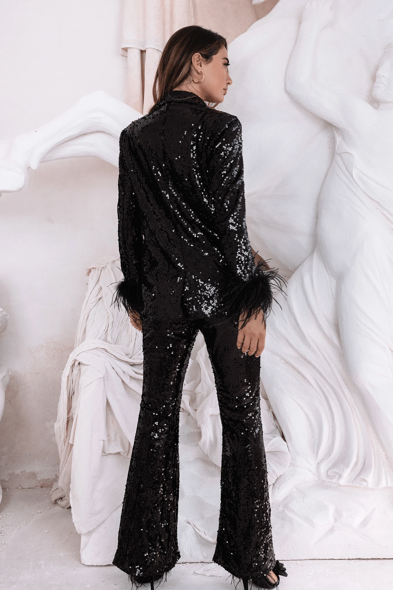TAMSIN Oversized Sequin Blazer With Feather Cuffs In Black 6 TAMSIN Oversized Sequin Blazer With Feather Cuffs In Black - Image 4