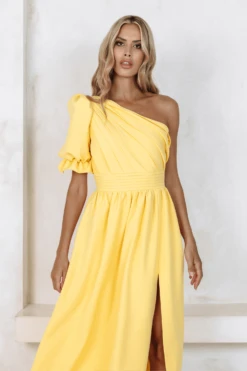 STASSI One Shoulder Puff Midi Dress In Yellow -Lavish Alice v2