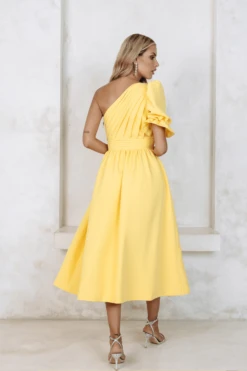 STASSI One Shoulder Puff Midi Dress In Yellow -Lavish Alice v4